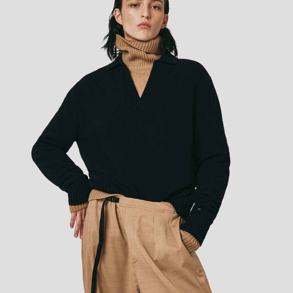 Seven Gauge Black Wool Polo Sweater